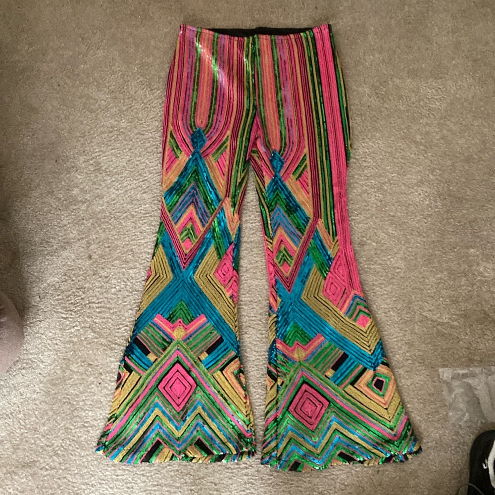 Pink and Green Flare Pants with Geometric Pattern